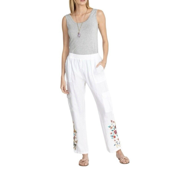 JOHNNY WAS Mariposa Size Large White Embroidered Linen Pull-On Comfort Pants NWT - Picture 9 of 11